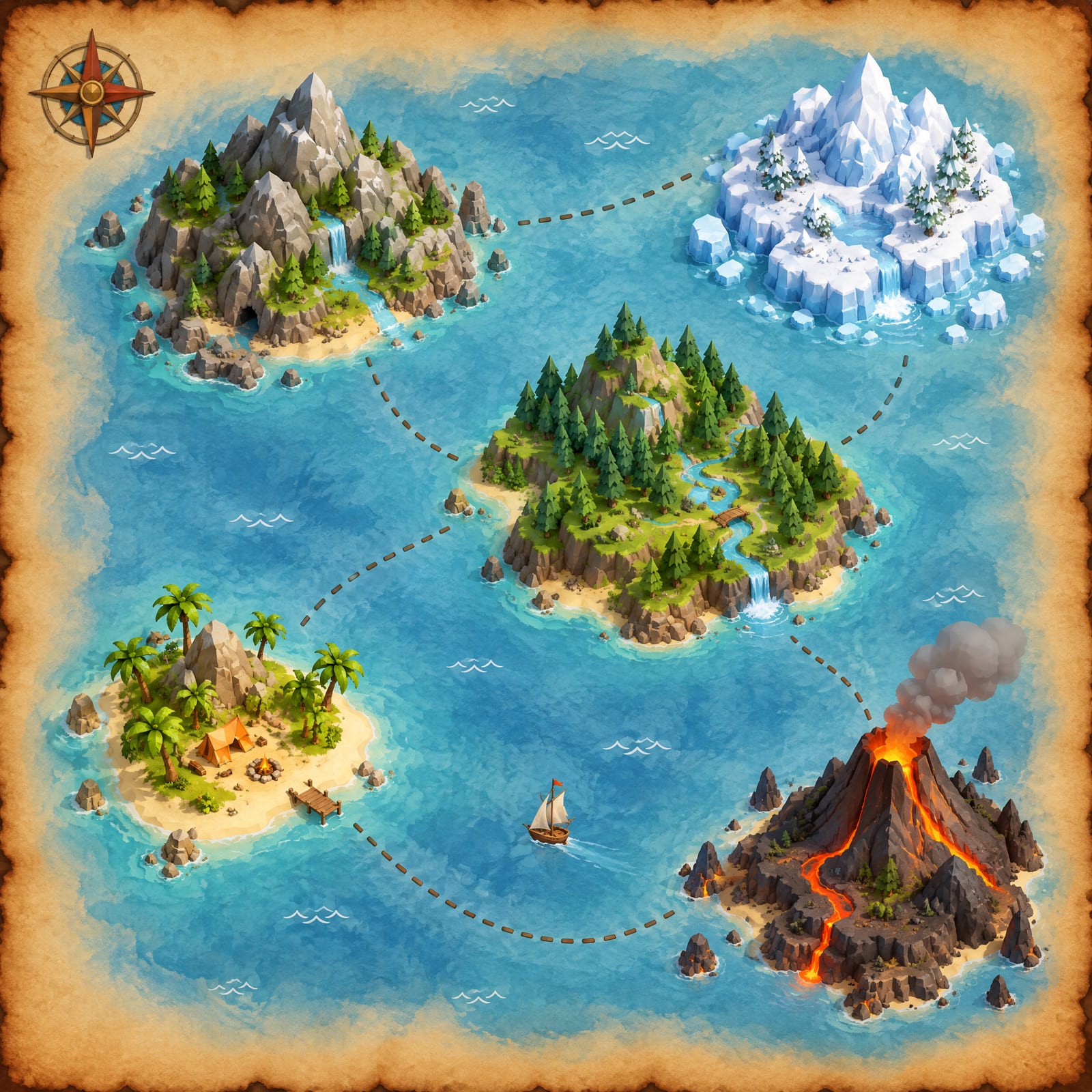 The archipelago map on parchment: Driftwood Isle with the camp and dock, the pine-covered Pinewood Isle, the mountainous Stonepeak Isle, an ice isle and a volcano isle, joined by a dotted sailing route