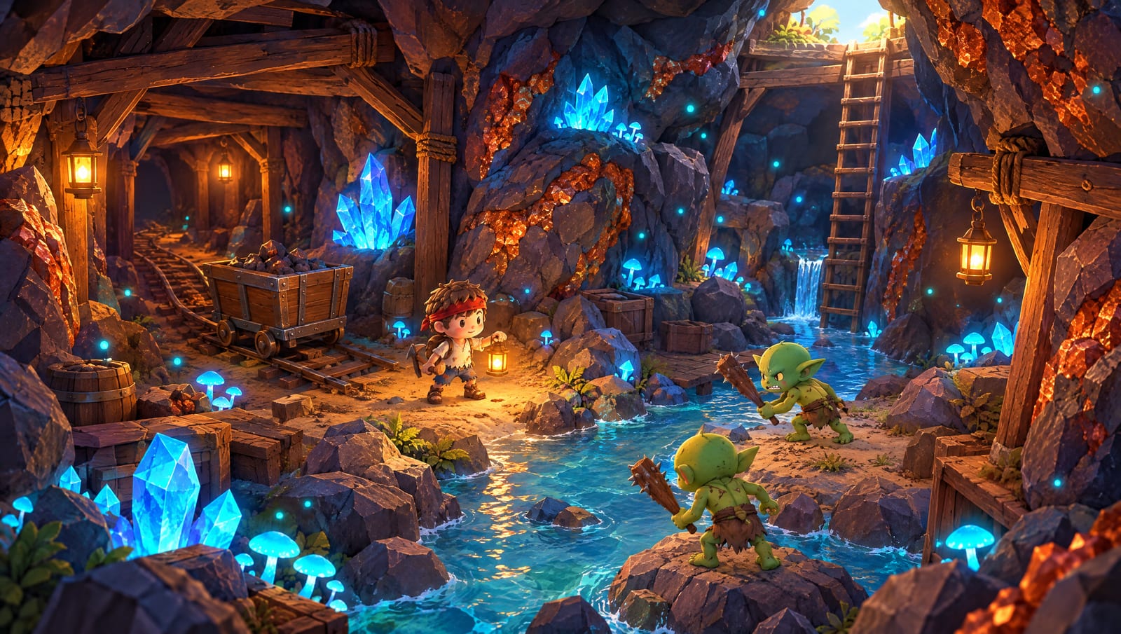 The old mine under Driftwood: lanterns, blue crystals and glowing mushrooms, copper and iron veins in the rock, a minecart, and the survivor with a pickaxe and lantern facing two cave goblins across an underground stream