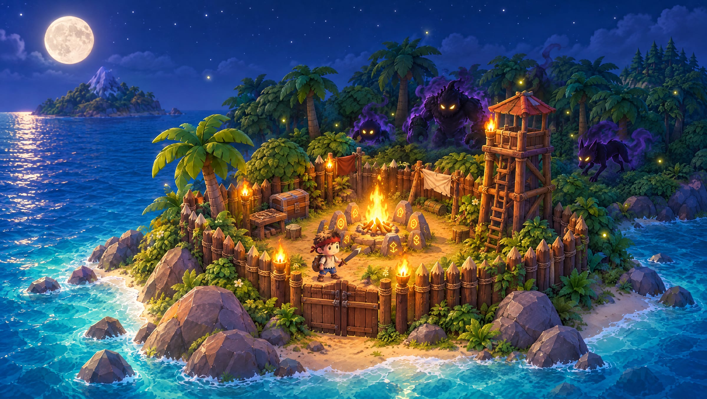 The camp at night: torches on the palisade, the Hearth burning gold in the middle, the survivor at the gate with sword and shield, and three smoky shade creatures with yellow eyes creeping out of the forest